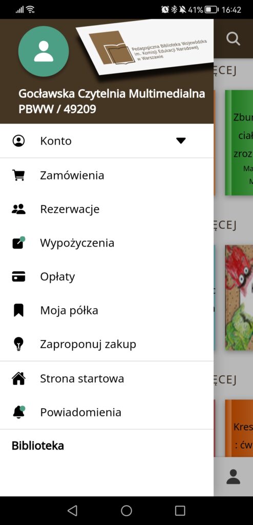 Smartfon wyświetlający MENU aplikacji.