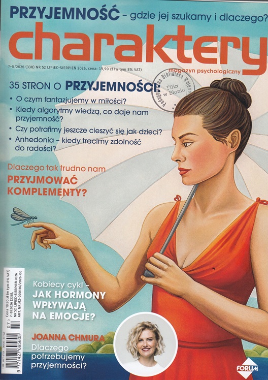 Czasopismo Charaktery. Na okładce kobieta w czerwonej sukience z parasolką.