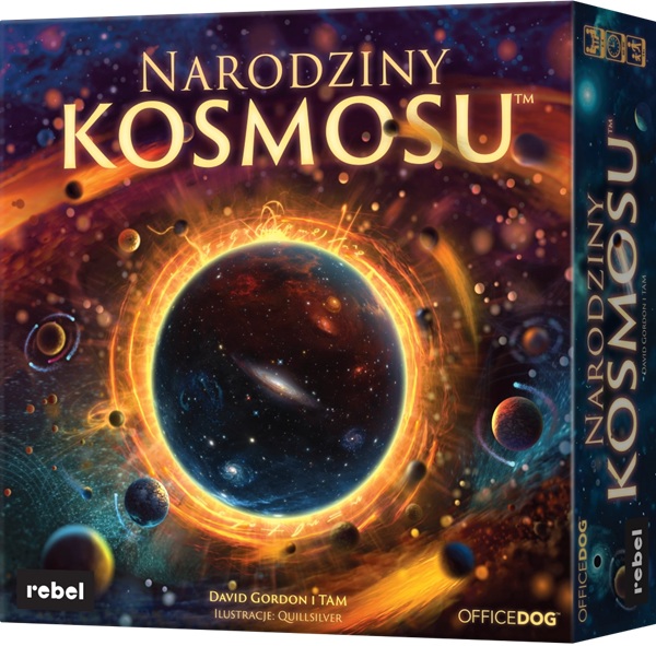 Kartonowe pudełko z grą Narodziny kosmosu. Na grafice widać galaktykę i planety.